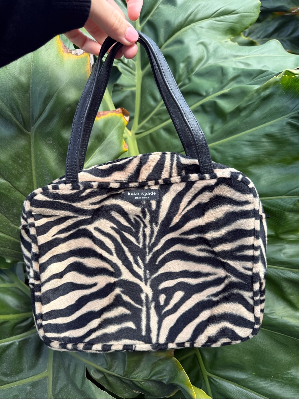 kate spade Zebra-Print Faux Fur Shoulder Bag in Black & Cream